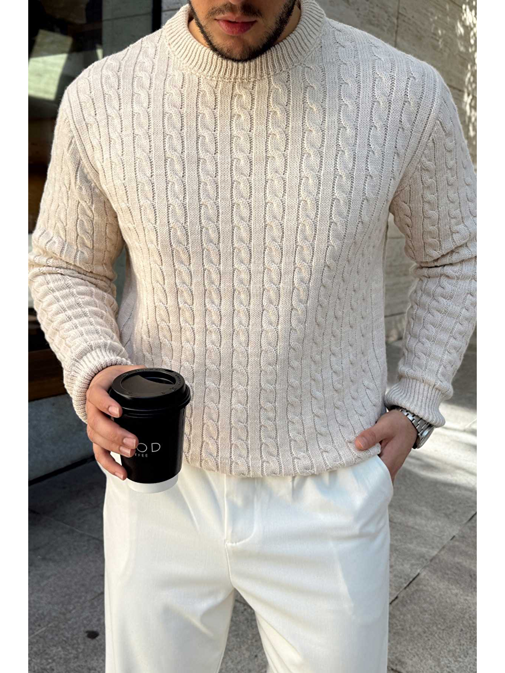 Bej Mira Premium Saç Örgü Bisiklet Yaka Kalın Triko Kazak-4