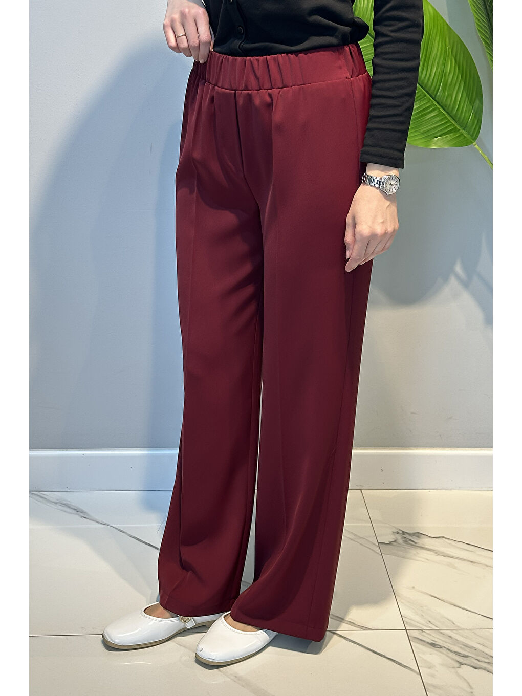 Beli Lastikli Geniş Paça Pantolon 5580 Bordo-2