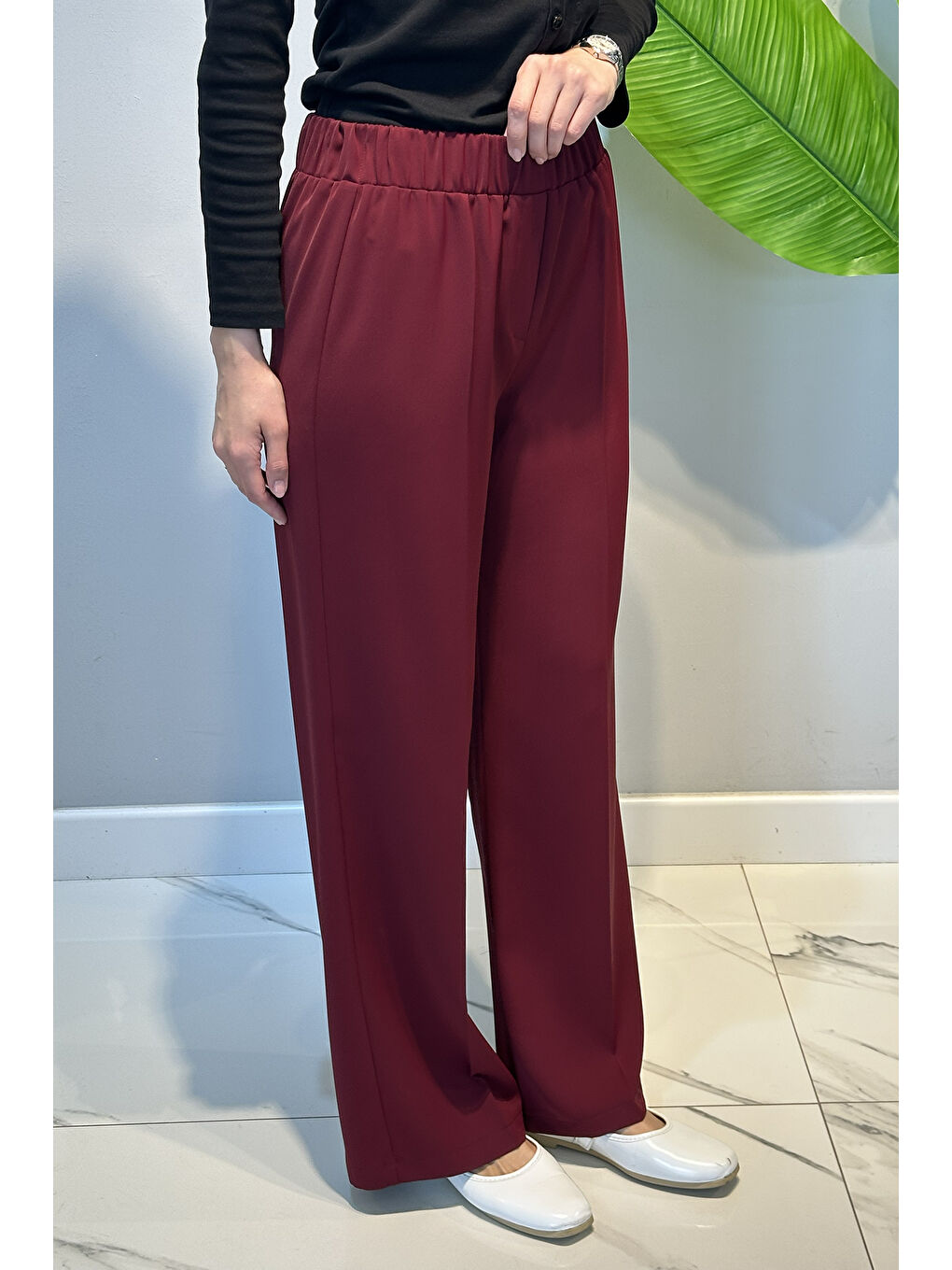 Beli Lastikli Geniş Paça Pantolon 5580 Bordo-3