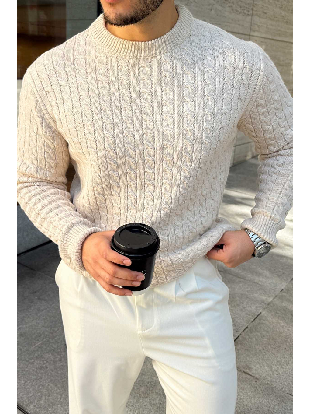 Bej Mira Premium Saç Örgü Bisiklet Yaka Kalın Triko Kazak-5