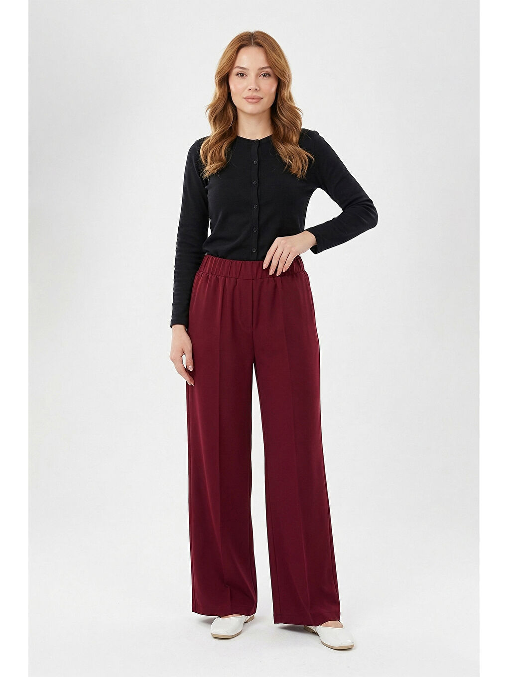 Beli Lastikli Geniş Paça Pantolon 5580 Bordo-4