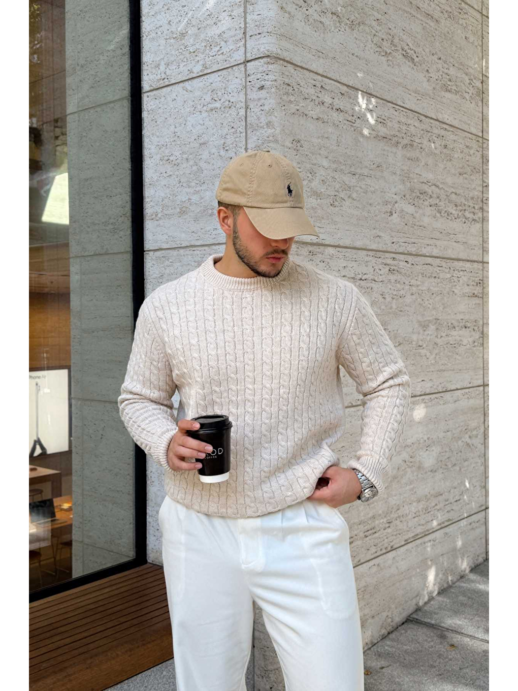 Bej Mira Premium Saç Örgü Bisiklet Yaka Kalın Triko Kazak-6