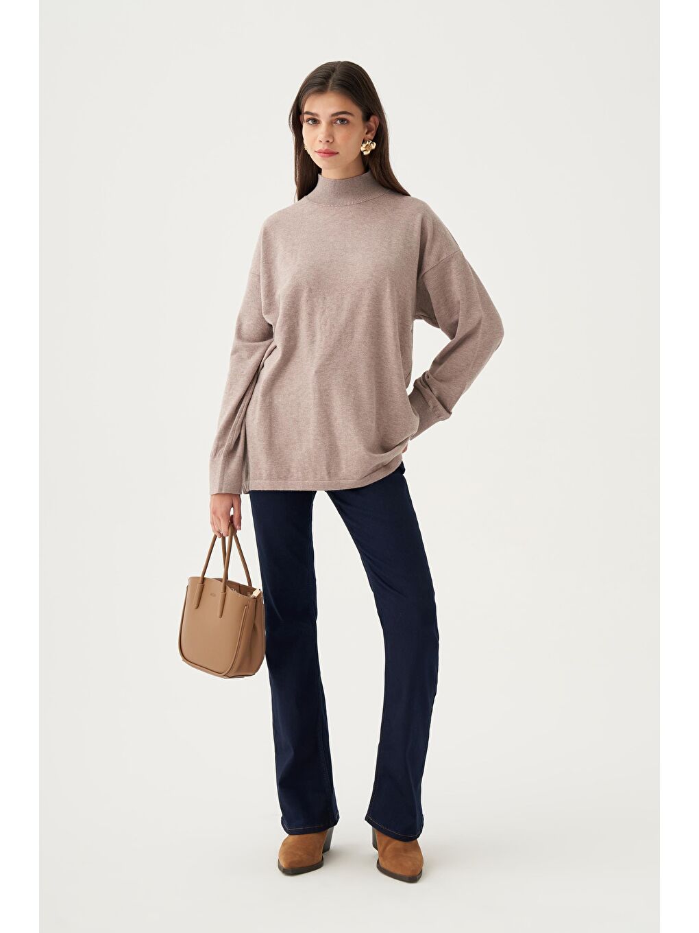 Bej Vizon-Yarım Balıkçı Yaka Triko Kazak