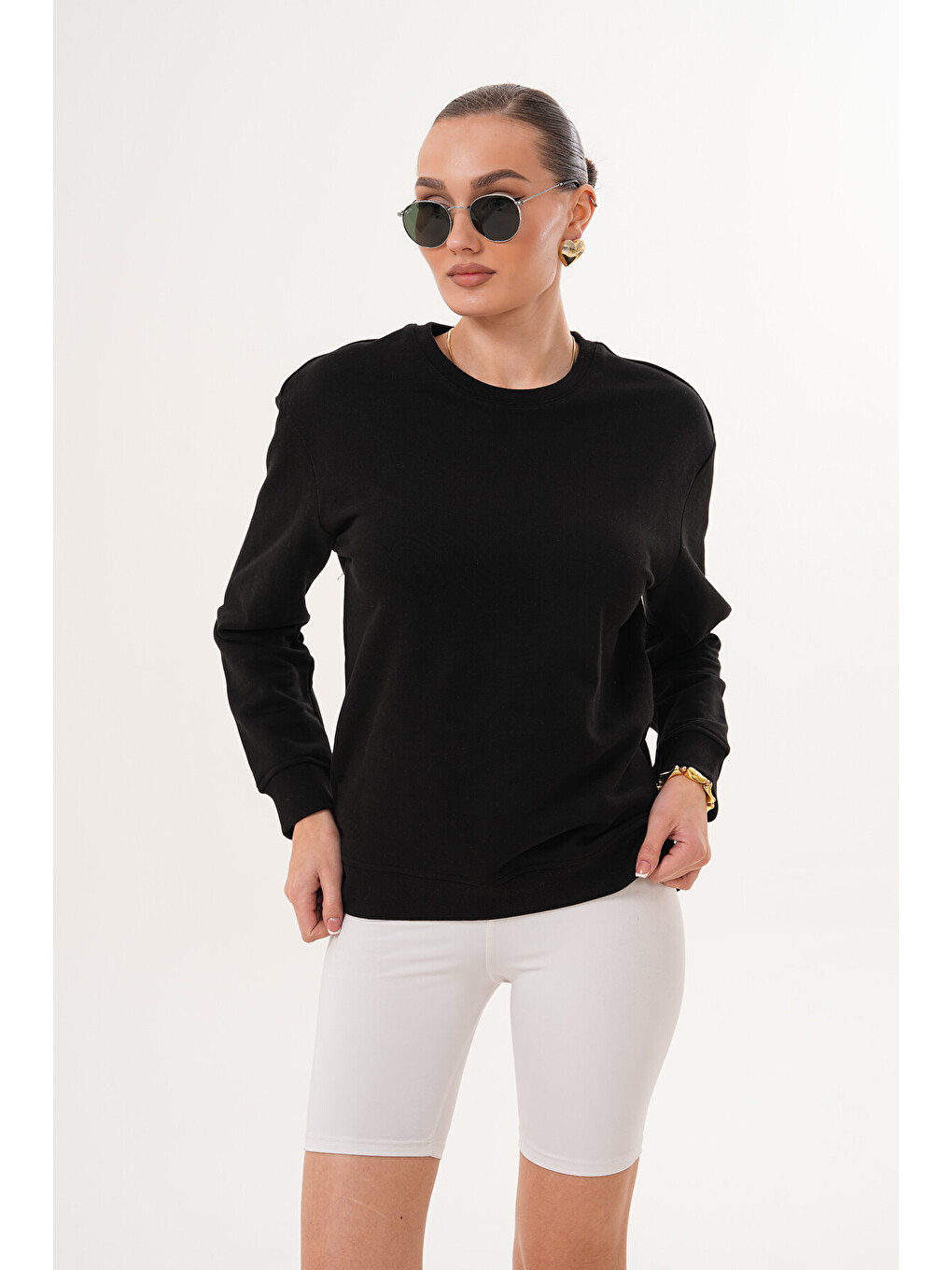 Siyah Unisex Bisiklet Yaka %100 Pamuk Basic Sweatshirt-11