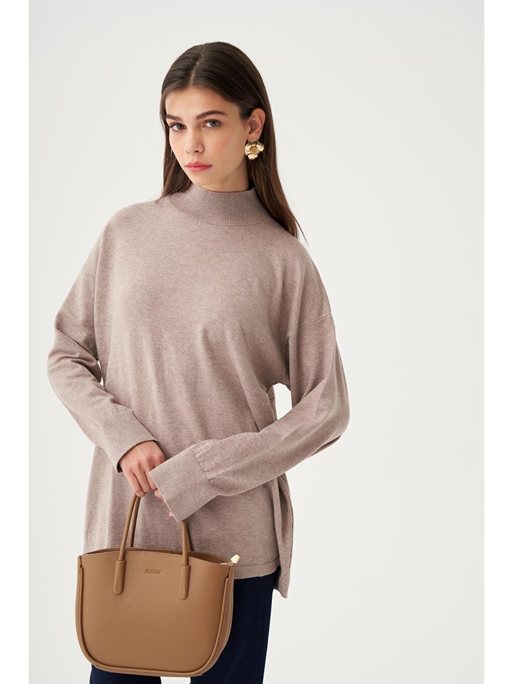 Bej Vizon-Yarım Balıkçı Yaka Triko Kazak-3