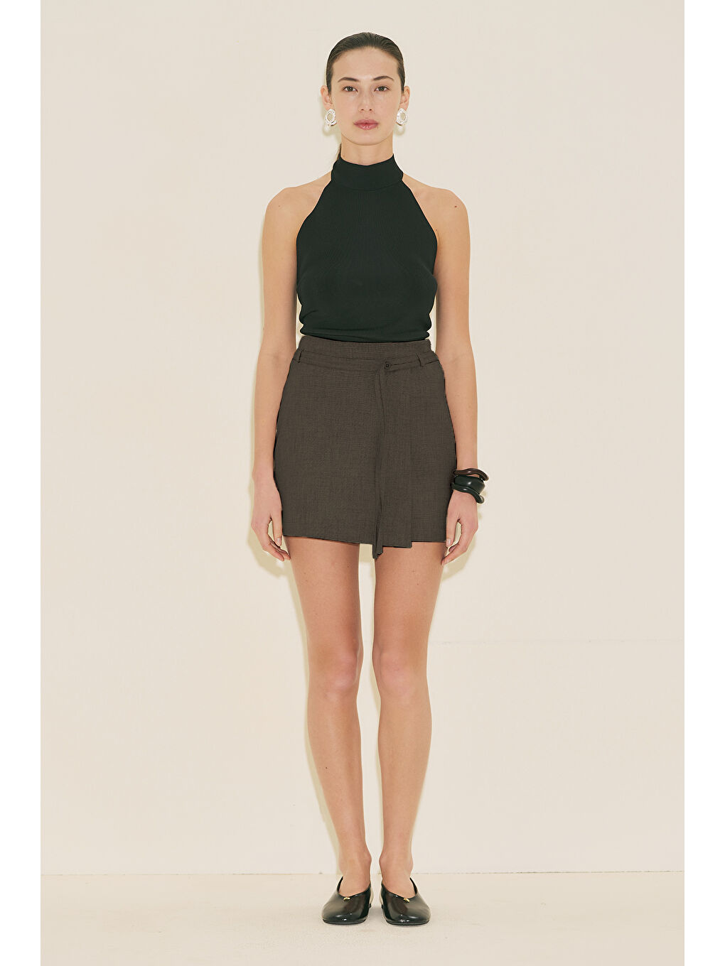 Kemer Detaylı Şort Etek Kahverengi-2