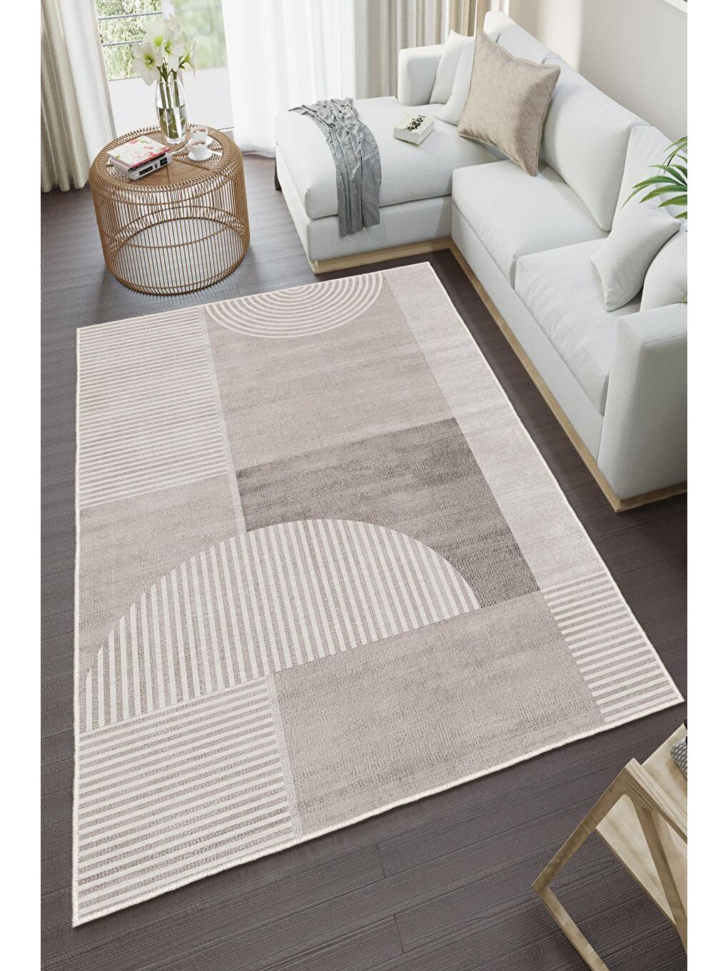 Bej Özel Tasarım, Kaymaz Taban, İnce, Yıkanabilir, Modern Halı WOOKECE1486 180x280-2