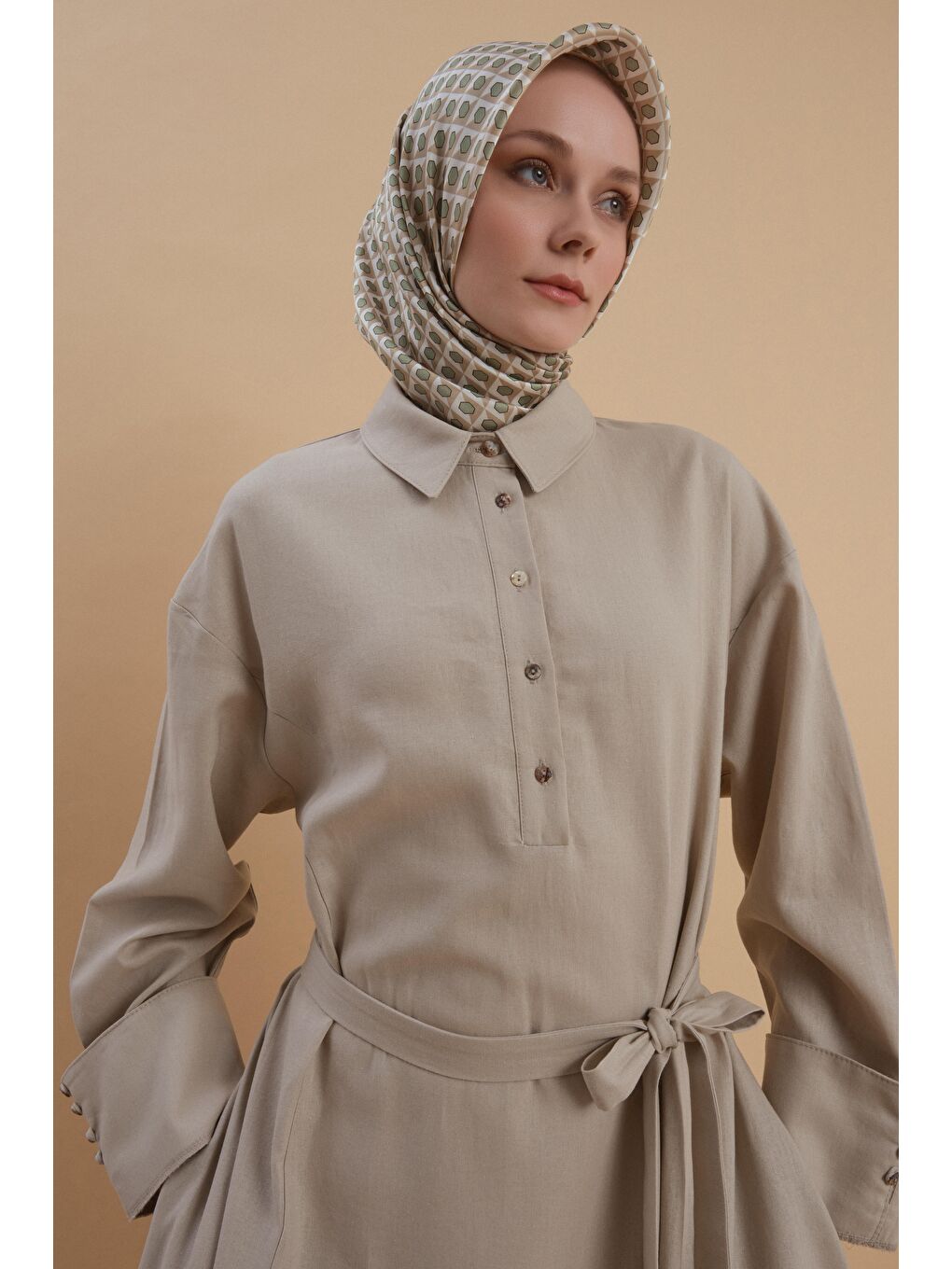 Bej Kalın Manşetli Keten Elbise 24Y9830 Aytaşı-1