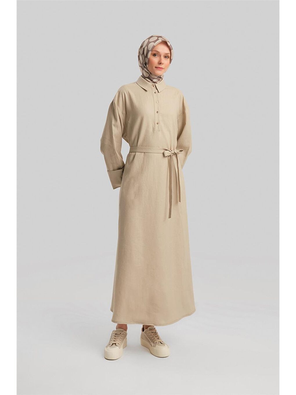 Bej Kalın Manşetli Keten Elbise 24Y9830 Aytaşı-2
