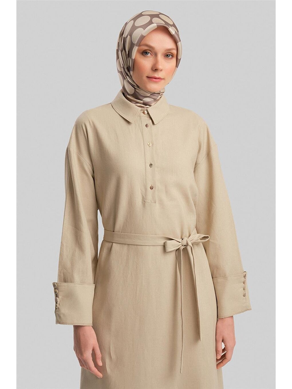 Bej Kalın Manşetli Keten Elbise 24Y9830 Aytaşı-3