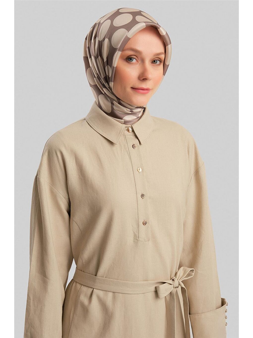 Bej Kalın Manşetli Keten Elbise 24Y9830 Aytaşı-4