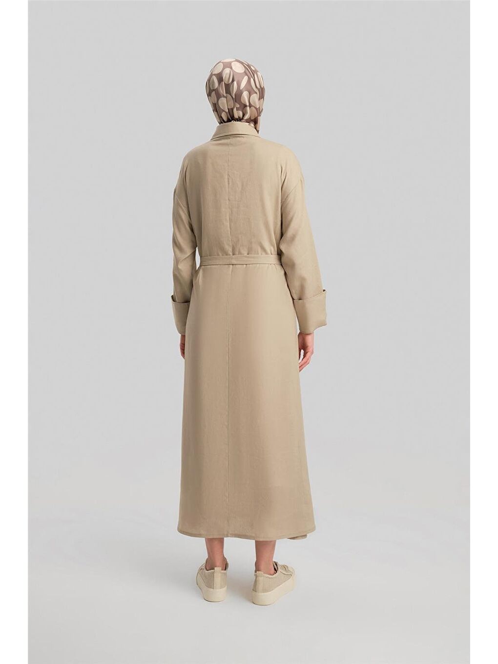 Bej Kalın Manşetli Keten Elbise 24Y9830 Aytaşı-5