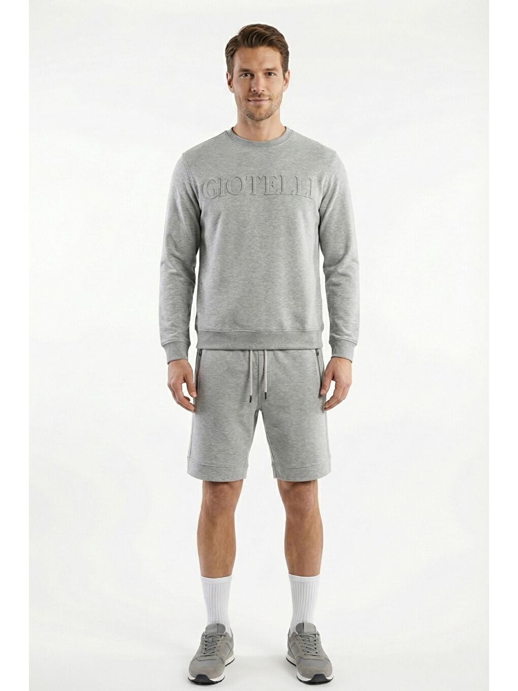 Giotelli Gri Uzun Kollu Regular Bisiklet Yaka Alt-Üst Şortlu Takım