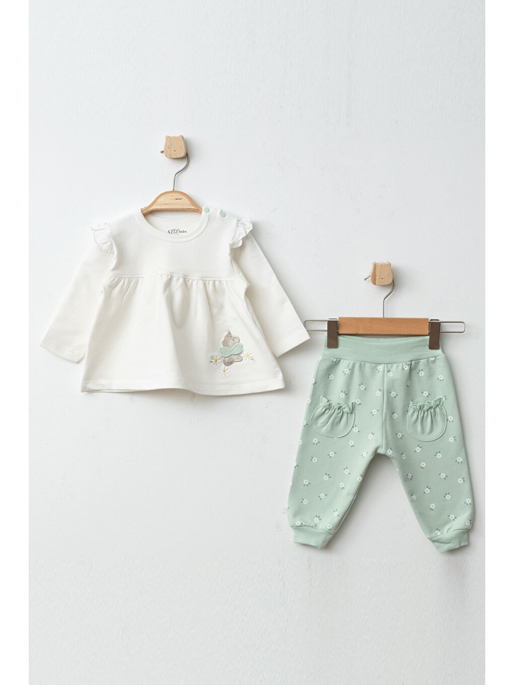 AZİZ BEBE Yeşil Kız Bebek Çiçek Desenli Sweatshirt Pantolon 2 'li Alt Üst Bebek Takımı 3 Ay-36 Ay