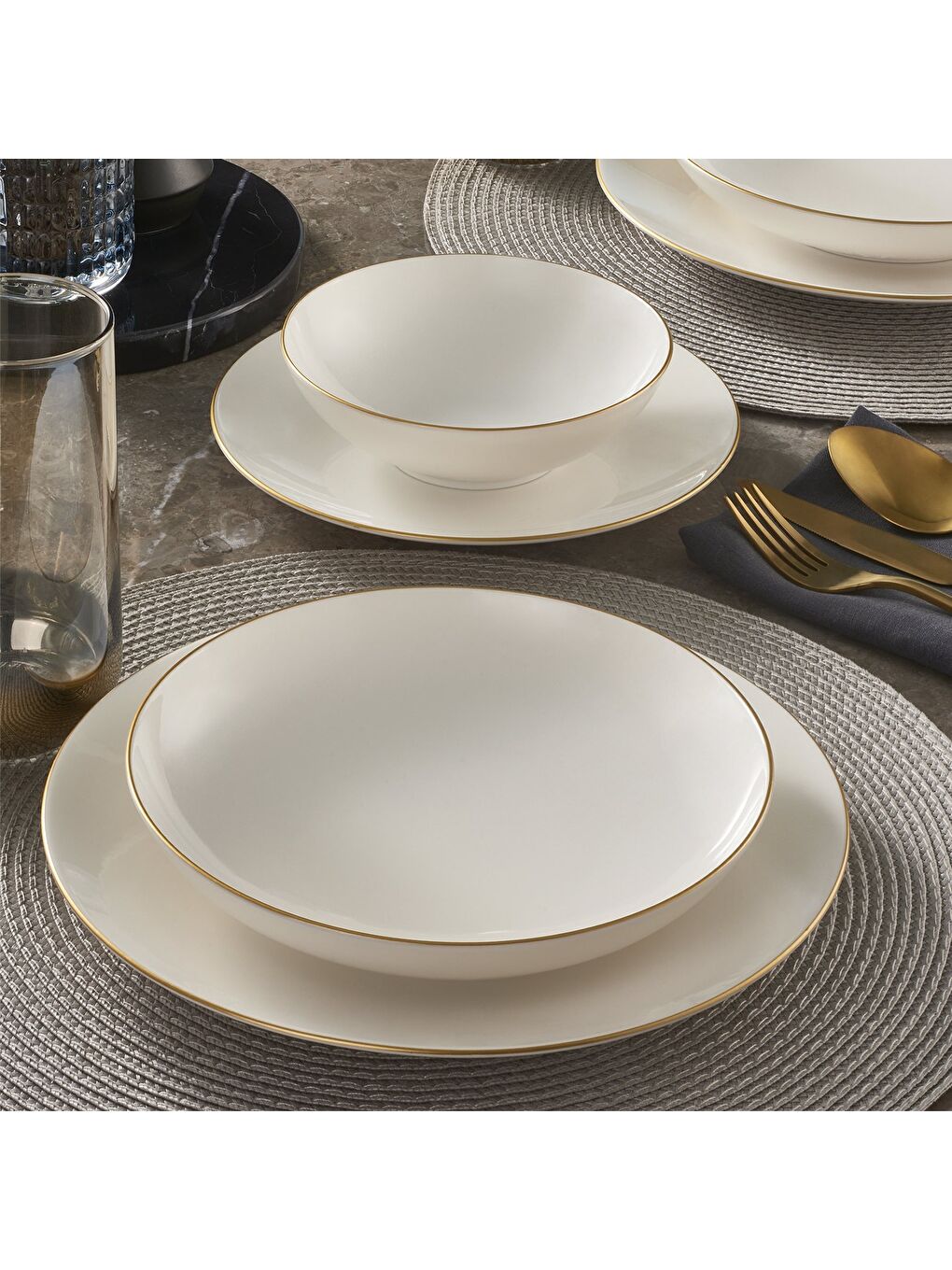 Ekru Camelia 26 Parça 6 Kişilik Bone Yemek Takımı - Gold