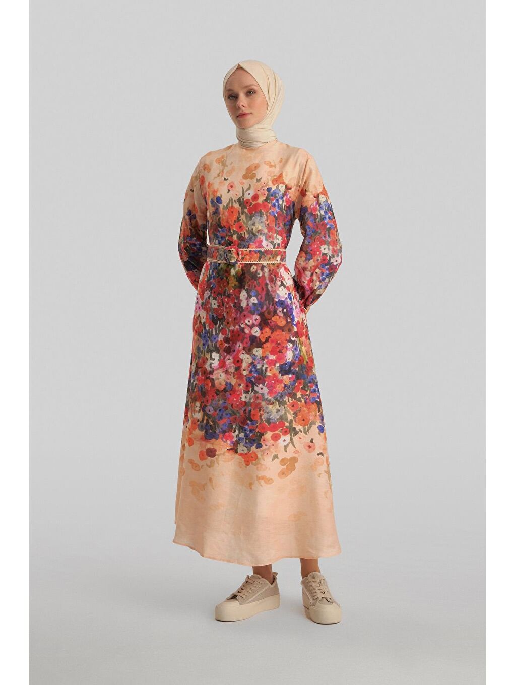 Turuncu Şerit Detaylı Desenli Elbise 24Y9836 Şeftali