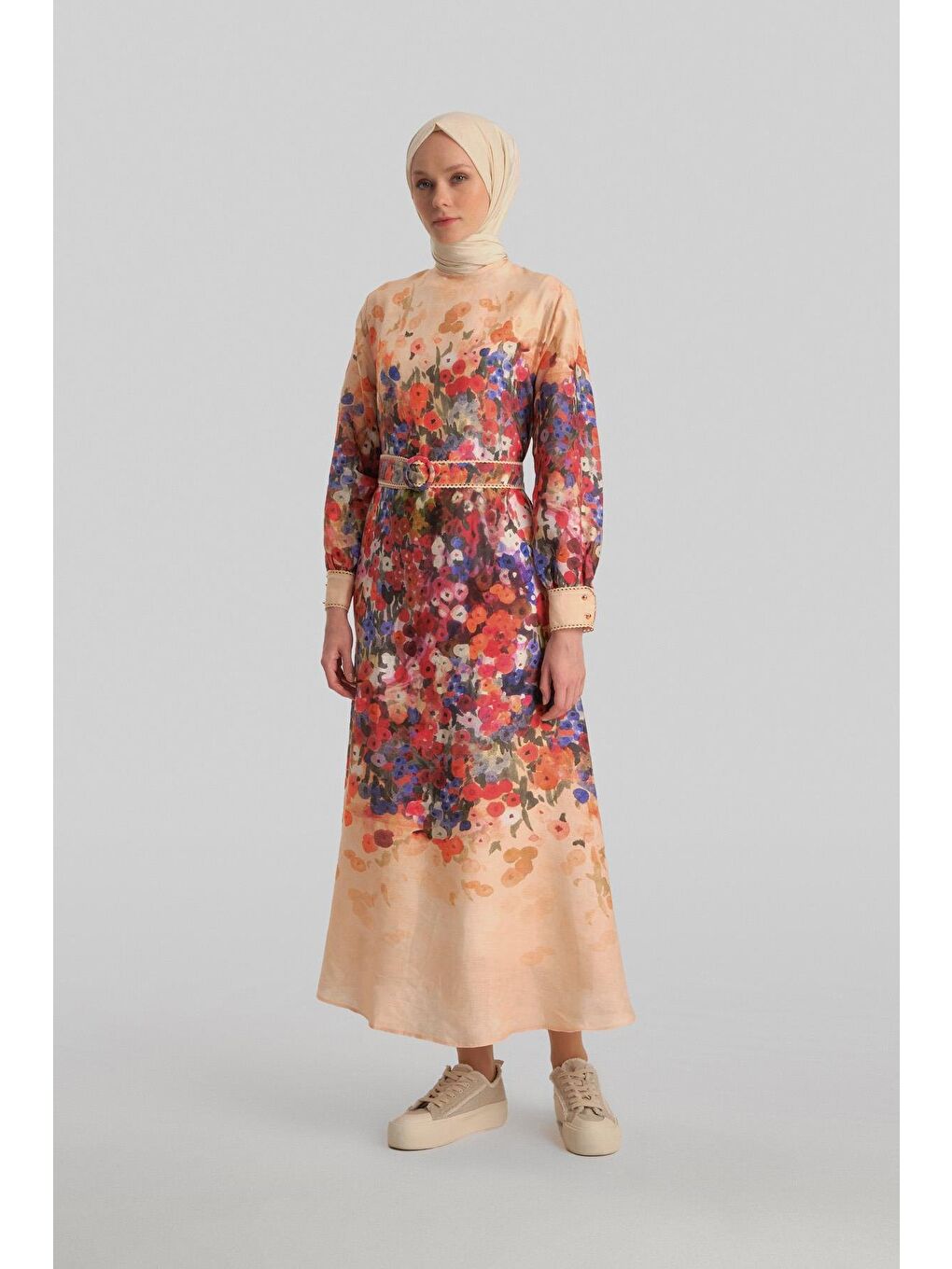 Turuncu Şerit Detaylı Desenli Elbise 24Y9836 Şeftali-1