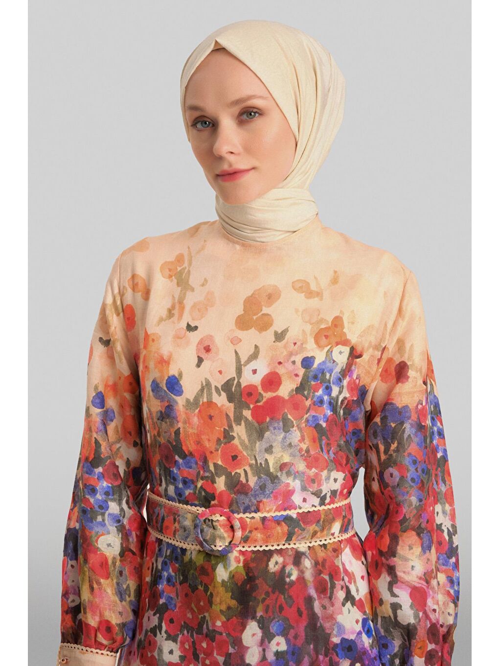 Turuncu Şerit Detaylı Desenli Elbise 24Y9836 Şeftali-2