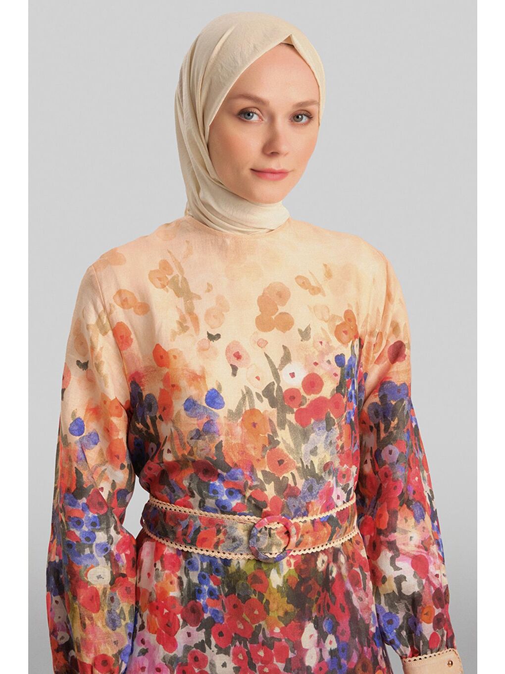 Turuncu Şerit Detaylı Desenli Elbise 24Y9836 Şeftali-3