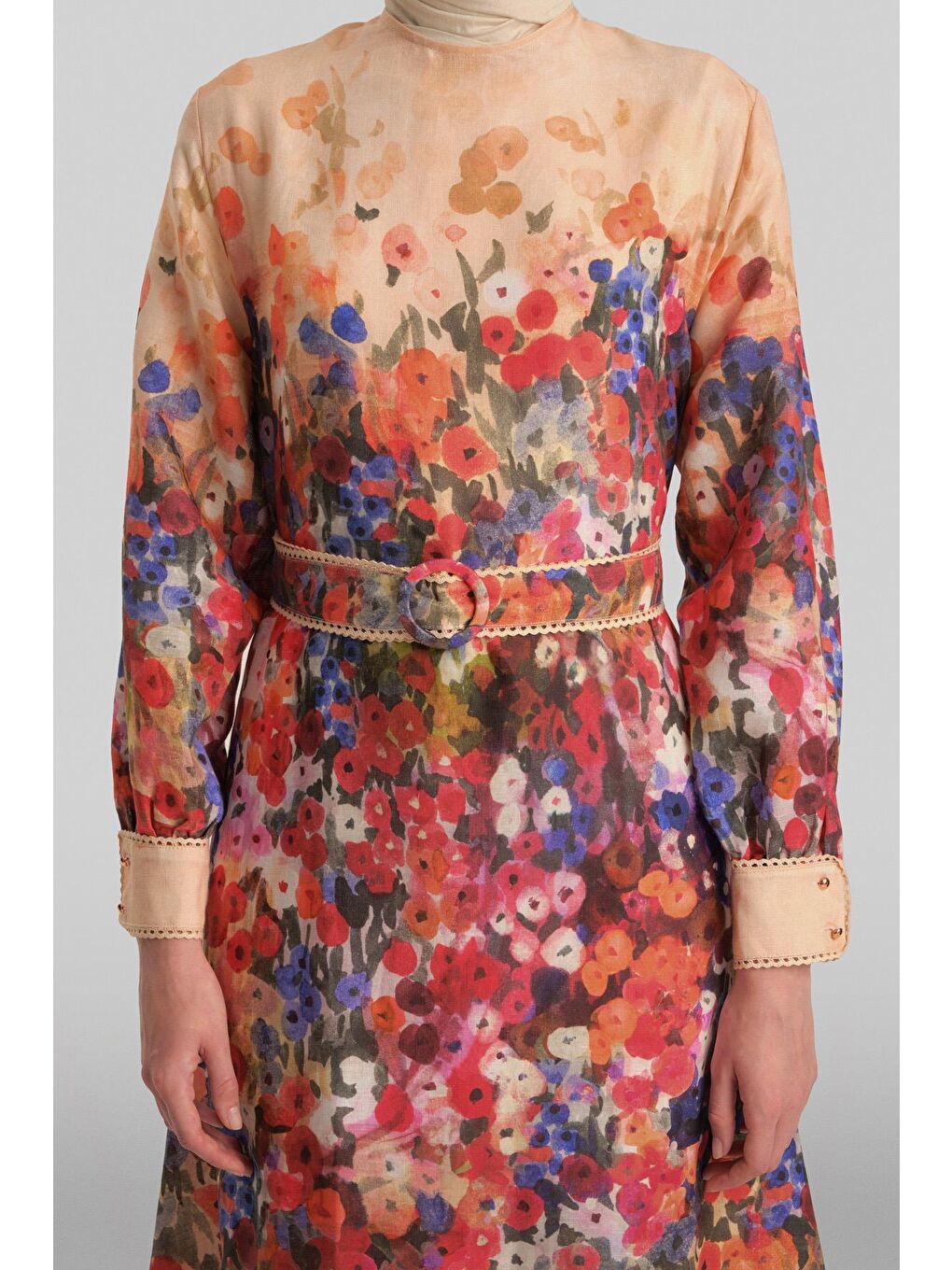 Turuncu Şerit Detaylı Desenli Elbise 24Y9836 Şeftali-4