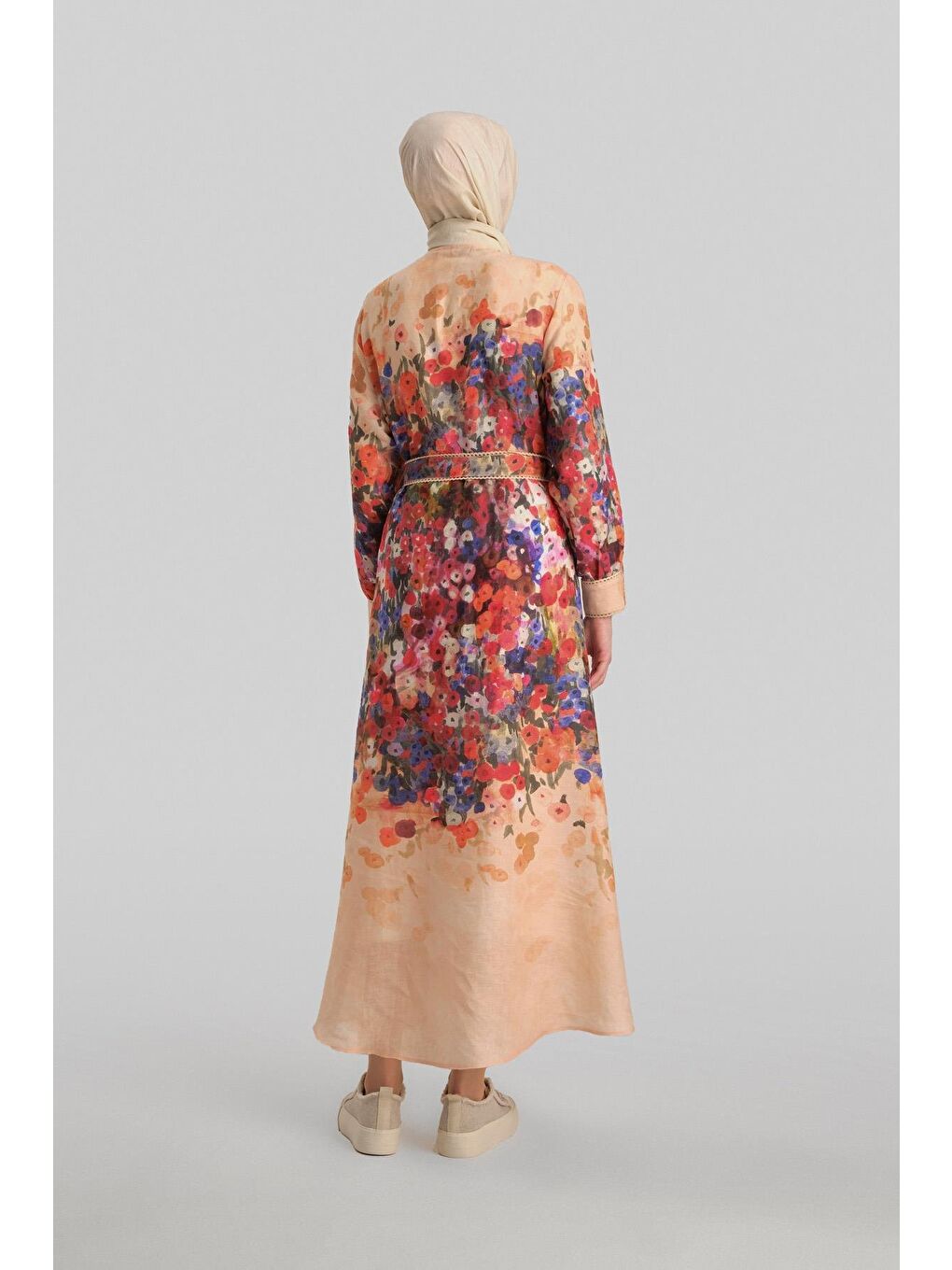 Turuncu Şerit Detaylı Desenli Elbise 24Y9836 Şeftali-5