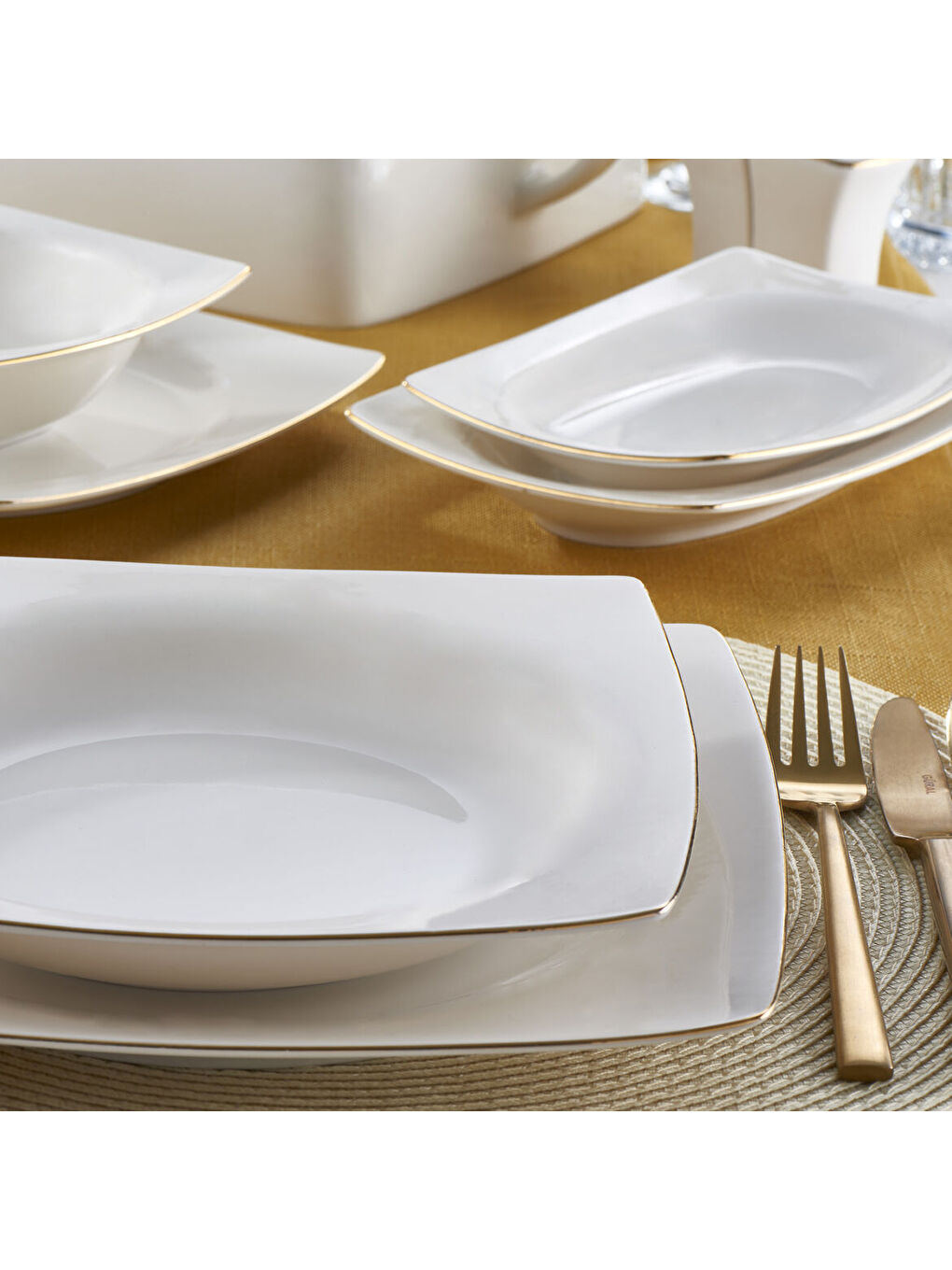 Ekru Caroline 62 Parça 12 Kişilik Kare Yemek Takımı Altın Yaldız 20-1