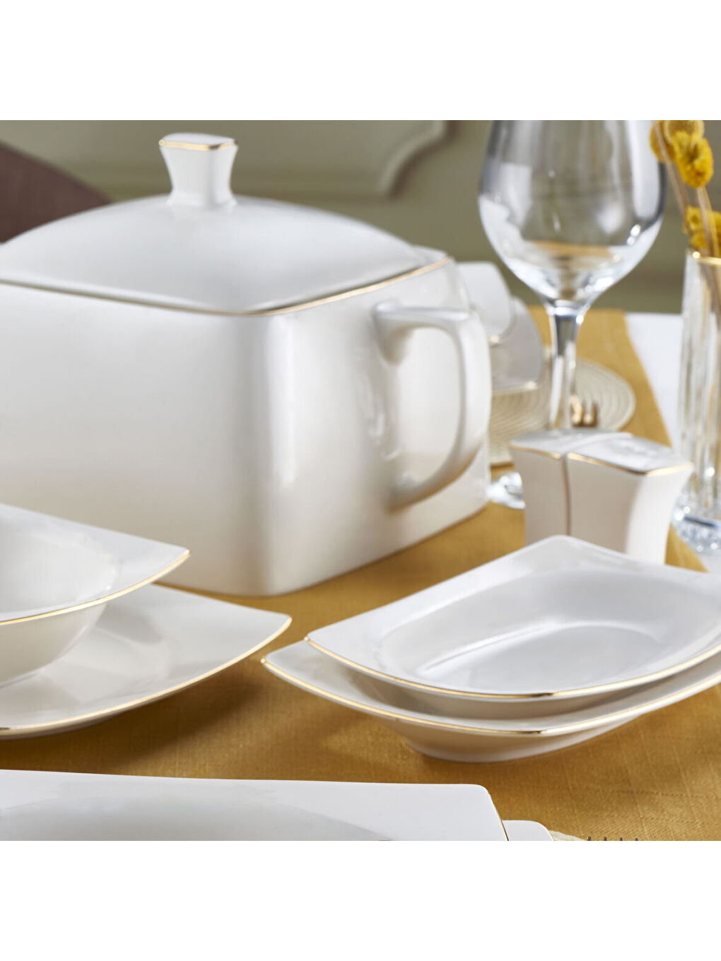 Ekru Caroline 62 Parça 12 Kişilik Kare Yemek Takımı Altın Yaldız 20-2