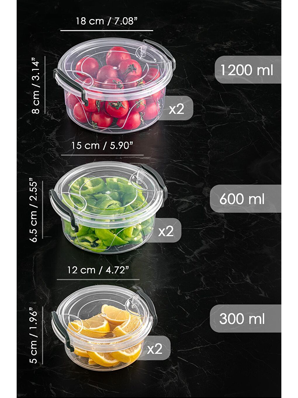 Renksiz 6'lı Set- Lenora Kilitlenebilir Kapaklı Erzak Kabı - Yuvarlak Şeffaf Saklama Kabı 2x(300-600-1200ml)-4