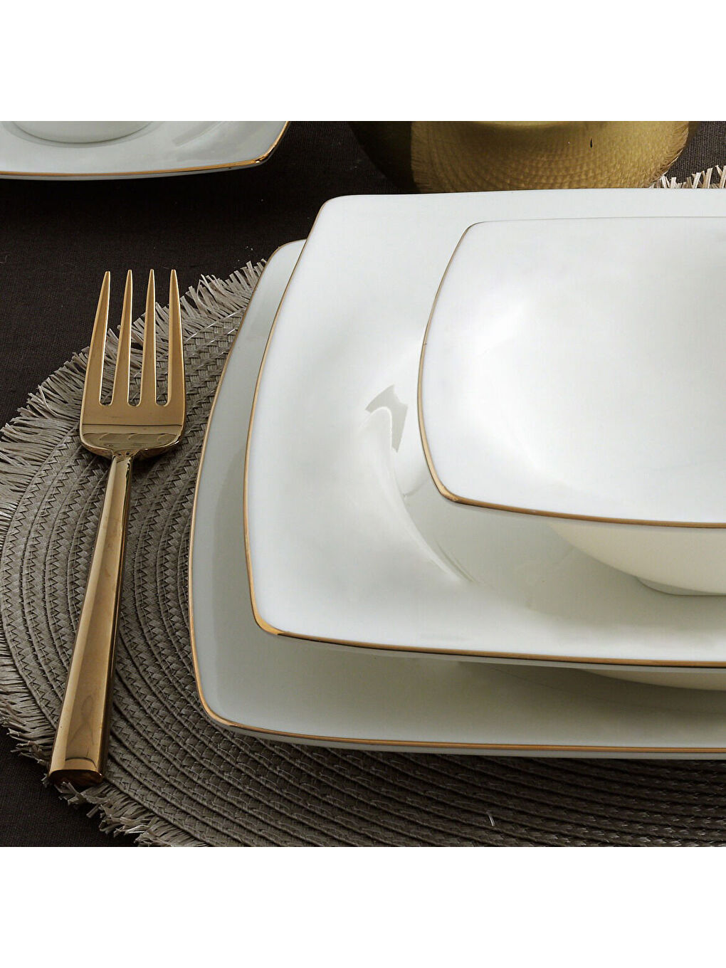 Ekru Caroline 62 Parça 12 Kişilik Kare Yemek Takımı Altın Yaldız 20-3