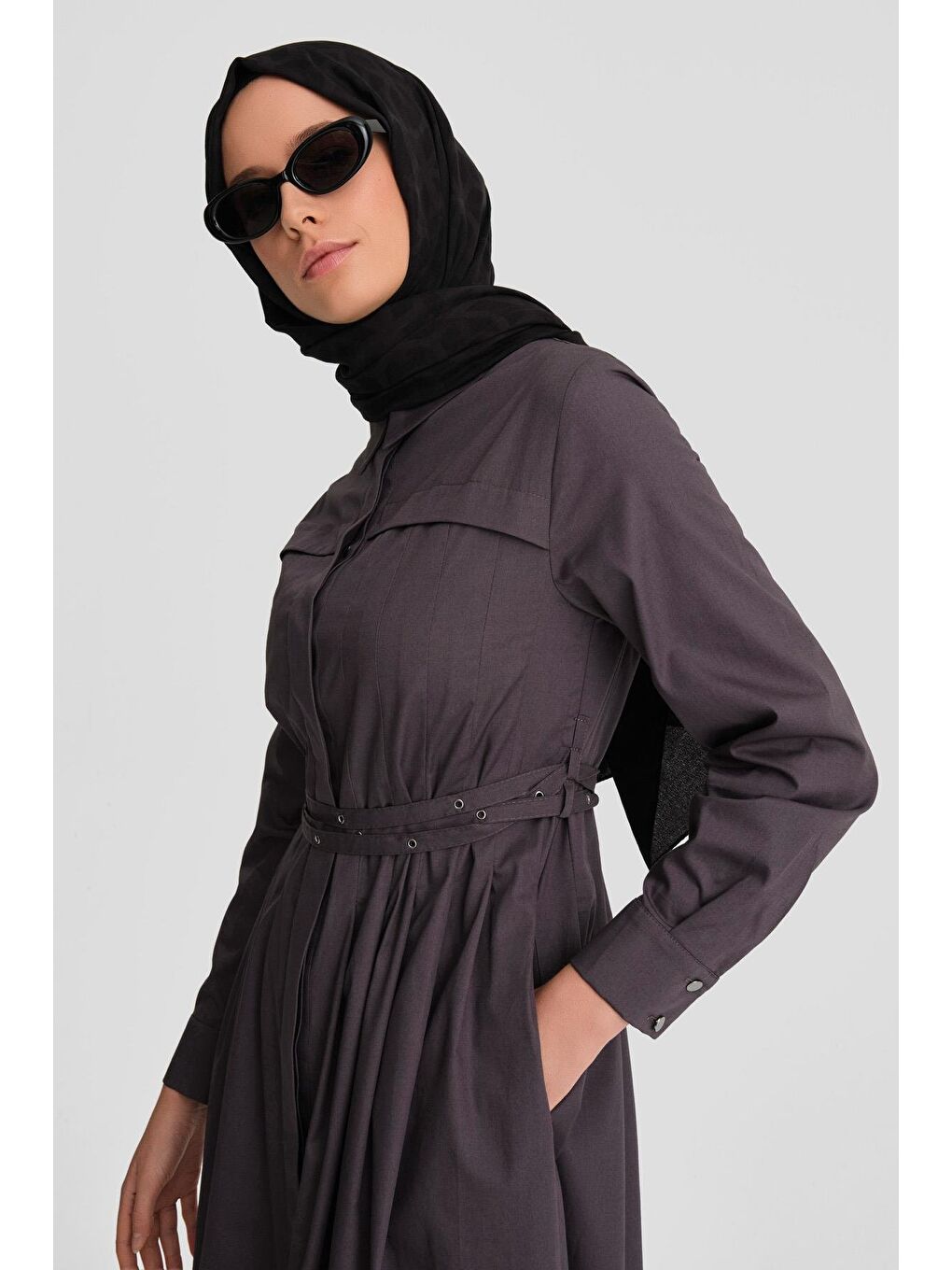 Gri Çapraz Kemerli Pamuk Elbise 24K9903 Antrasit-2