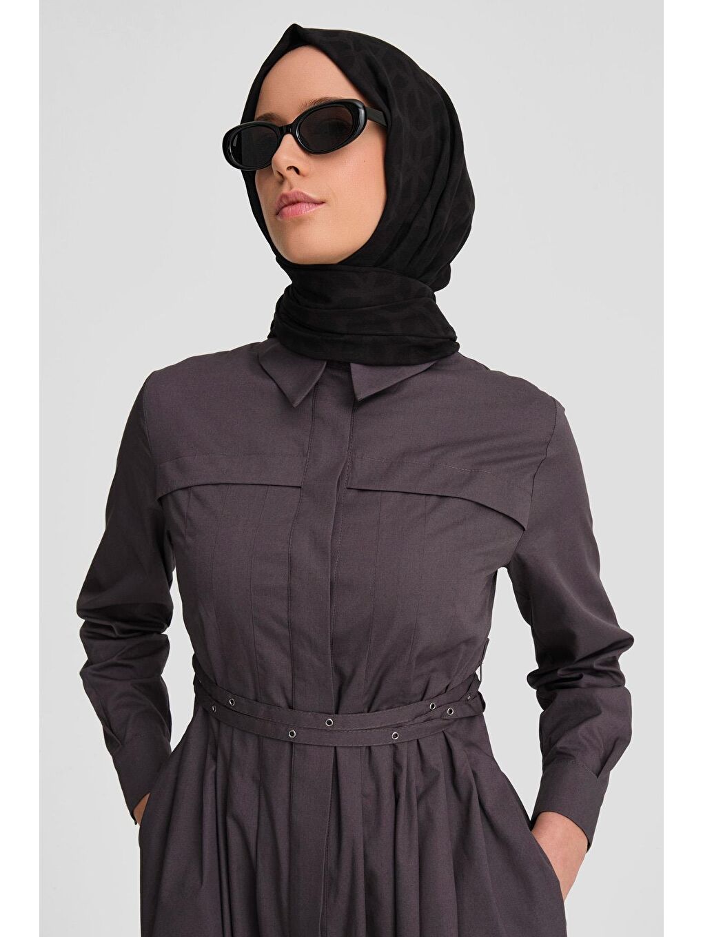 Gri Çapraz Kemerli Pamuk Elbise 24K9903 Antrasit-3