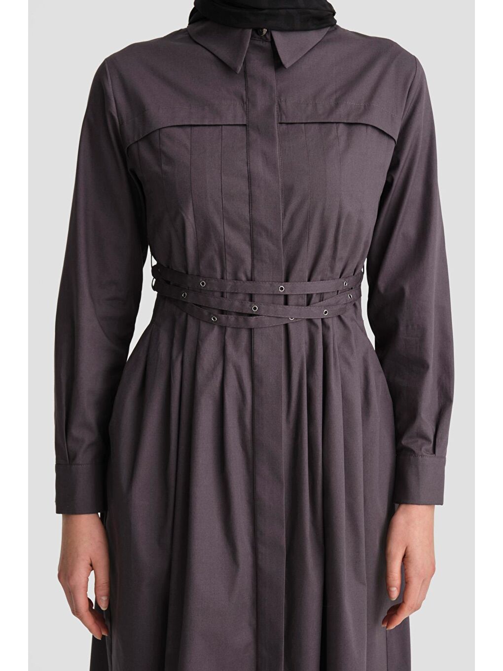 Gri Çapraz Kemerli Pamuk Elbise 24K9903 Antrasit-4