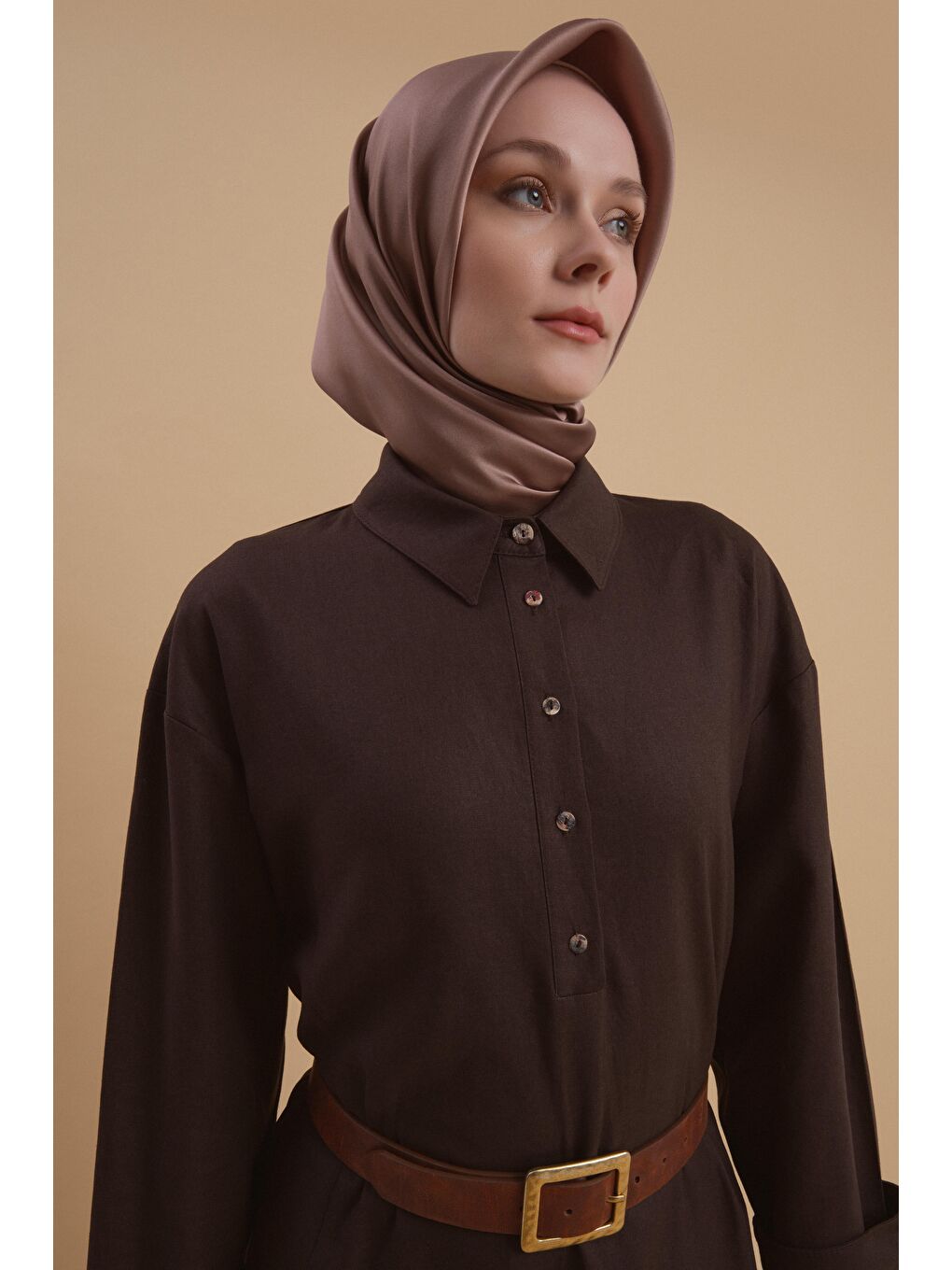 Kahverengi Kalın Manşetli Keten Elbise 24Y9830 Acı Kahve