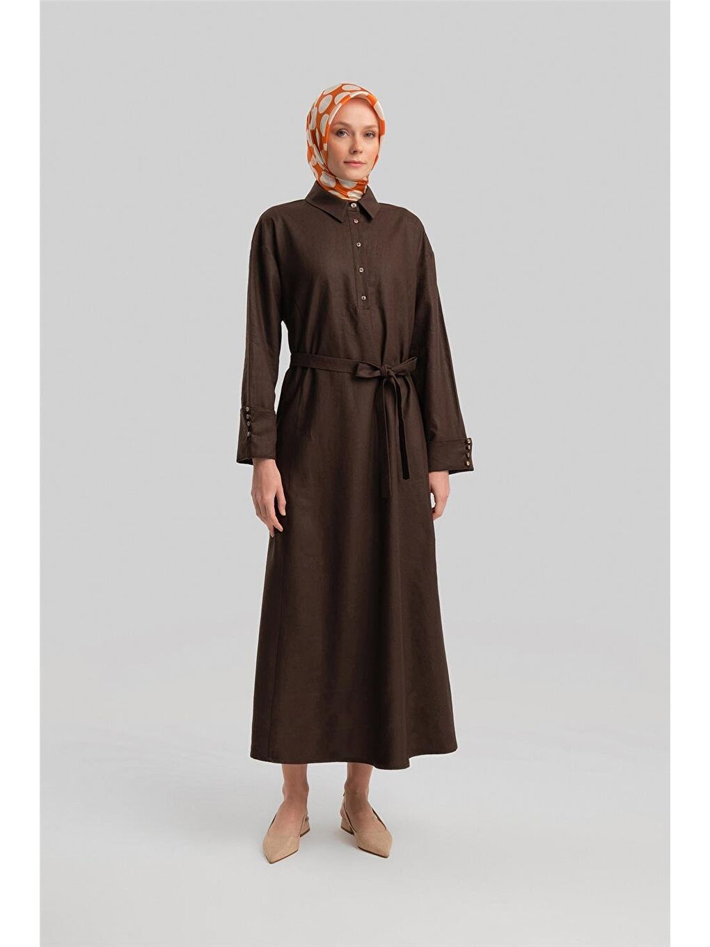 Kahverengi Kalın Manşetli Keten Elbise 24Y9830 Acı Kahve-1