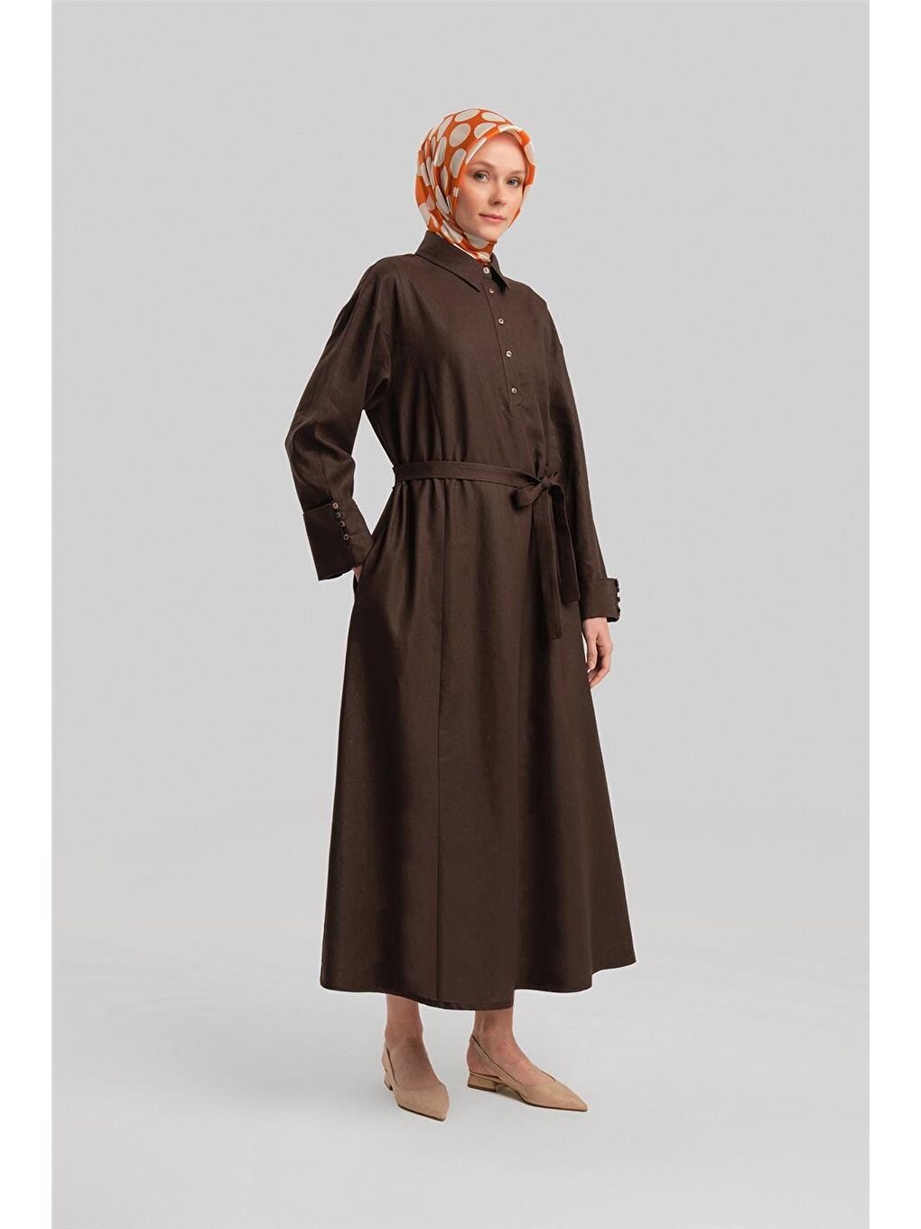 Kahverengi Kalın Manşetli Keten Elbise 24Y9830 Acı Kahve-2