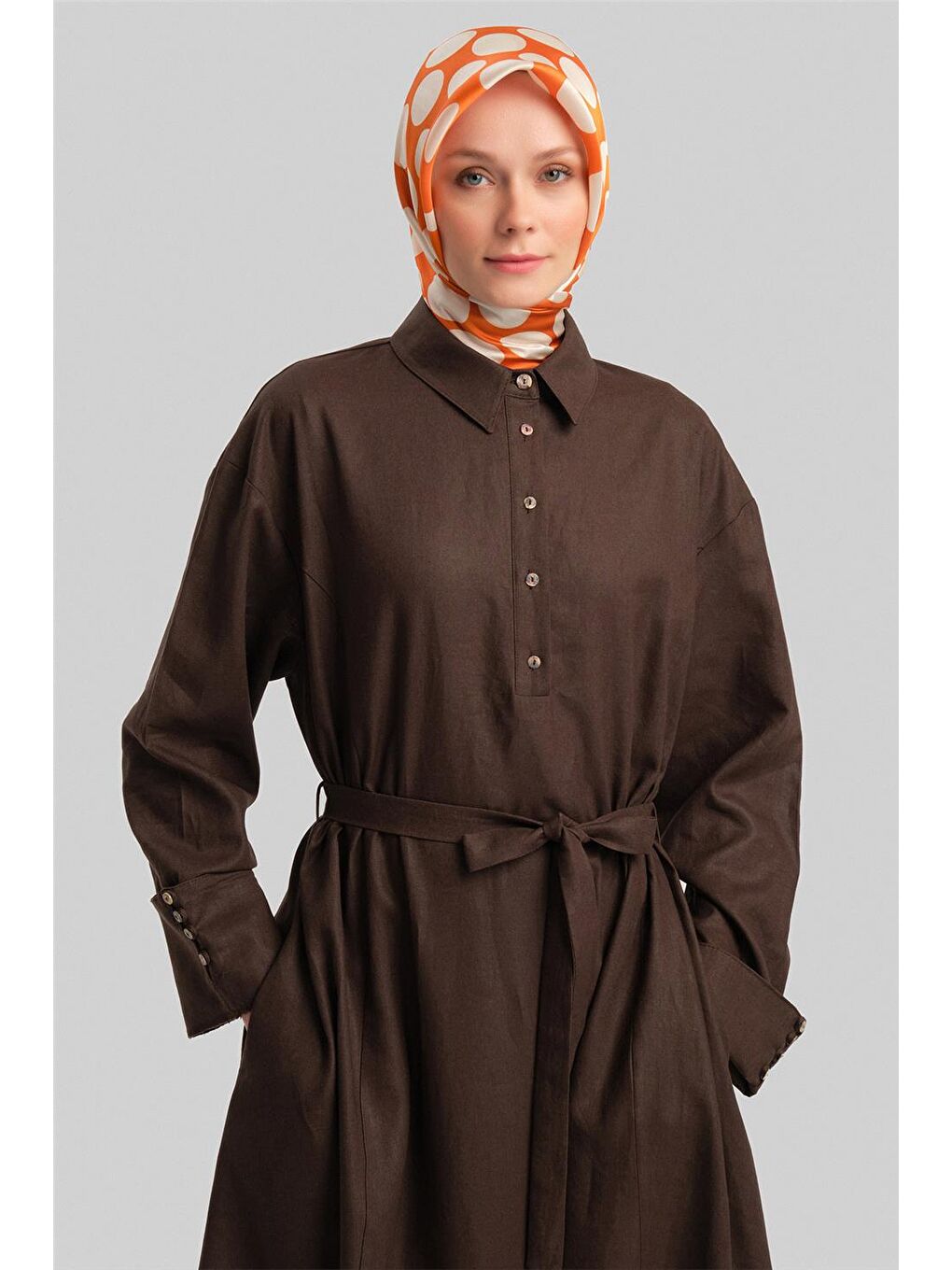 Kahverengi Kalın Manşetli Keten Elbise 24Y9830 Acı Kahve-3