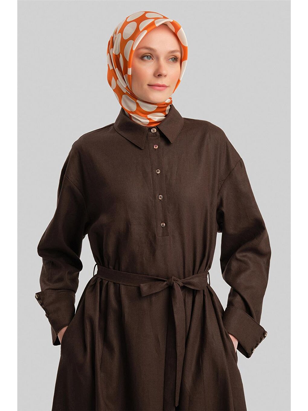 Kahverengi Kalın Manşetli Keten Elbise 24Y9830 Acı Kahve-4