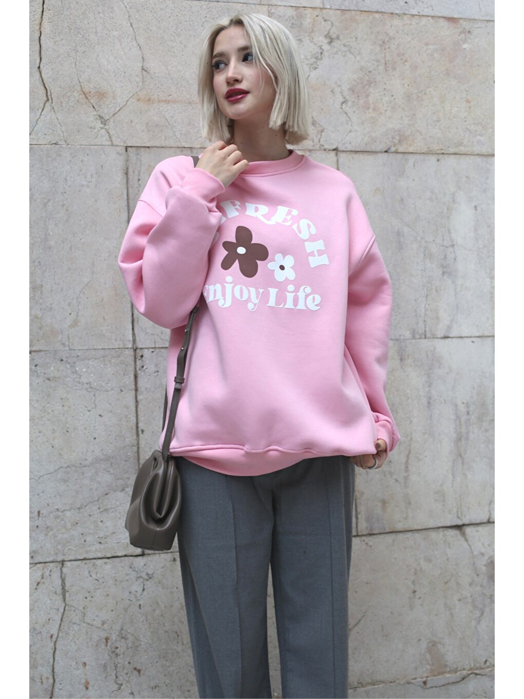 Pembe Bisiklet Yaka Baskılı Sweatshirt Mg1572-1