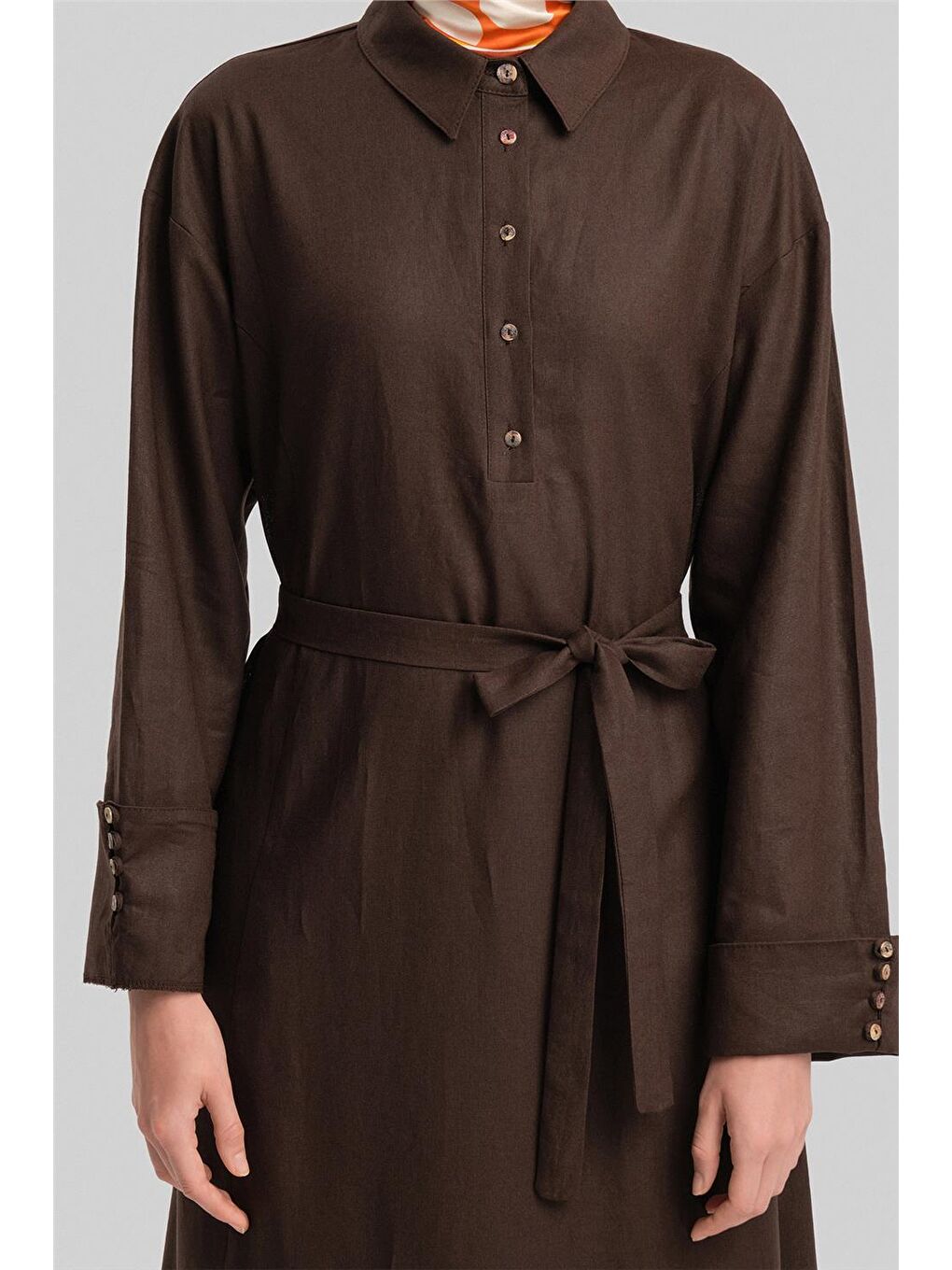 Kahverengi Kalın Manşetli Keten Elbise 24Y9830 Acı Kahve-5