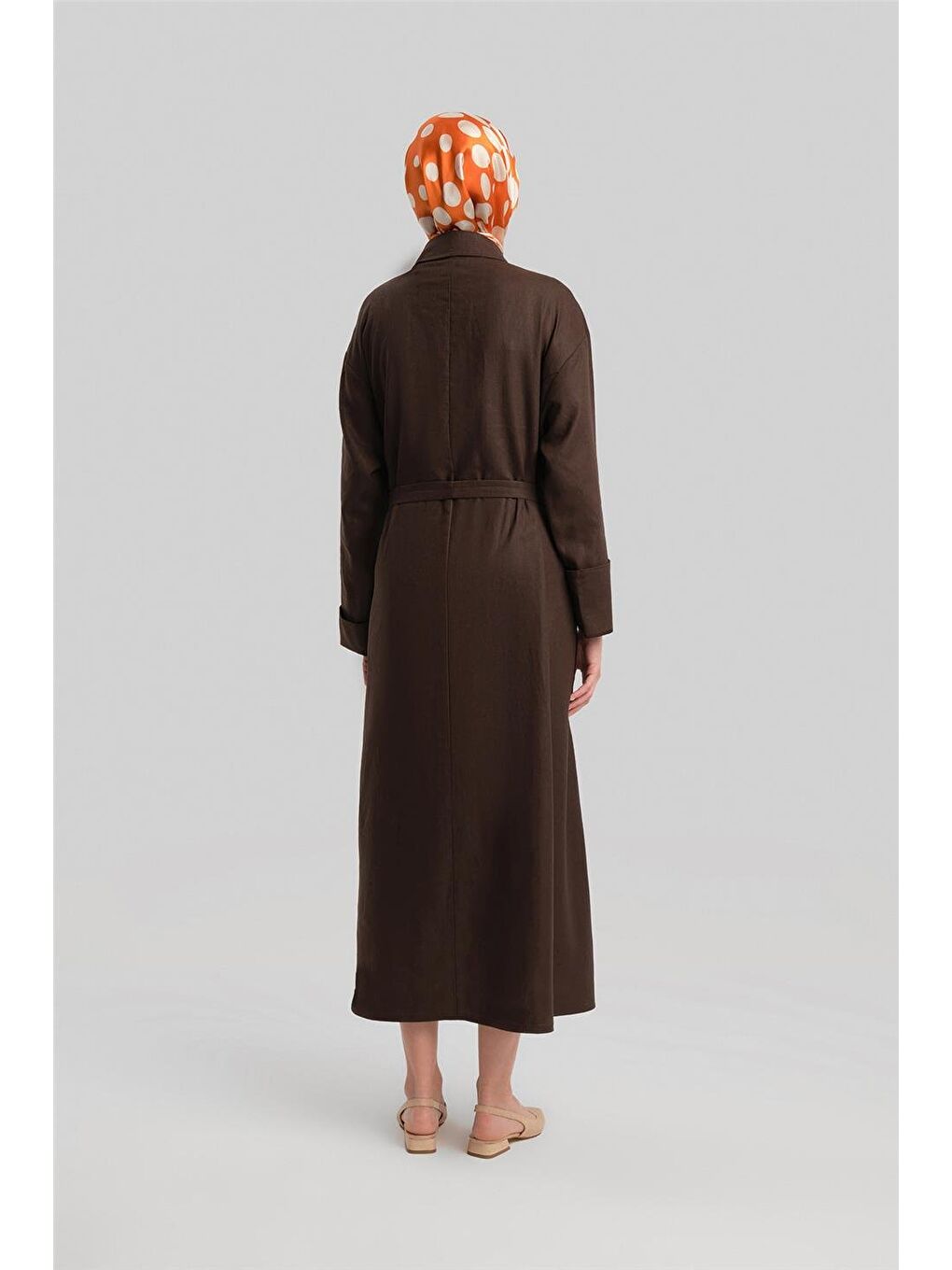 Kahverengi Kalın Manşetli Keten Elbise 24Y9830 Acı Kahve-6