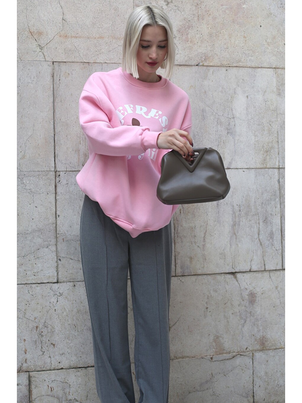 Pembe Bisiklet Yaka Baskılı Sweatshirt Mg1572-2