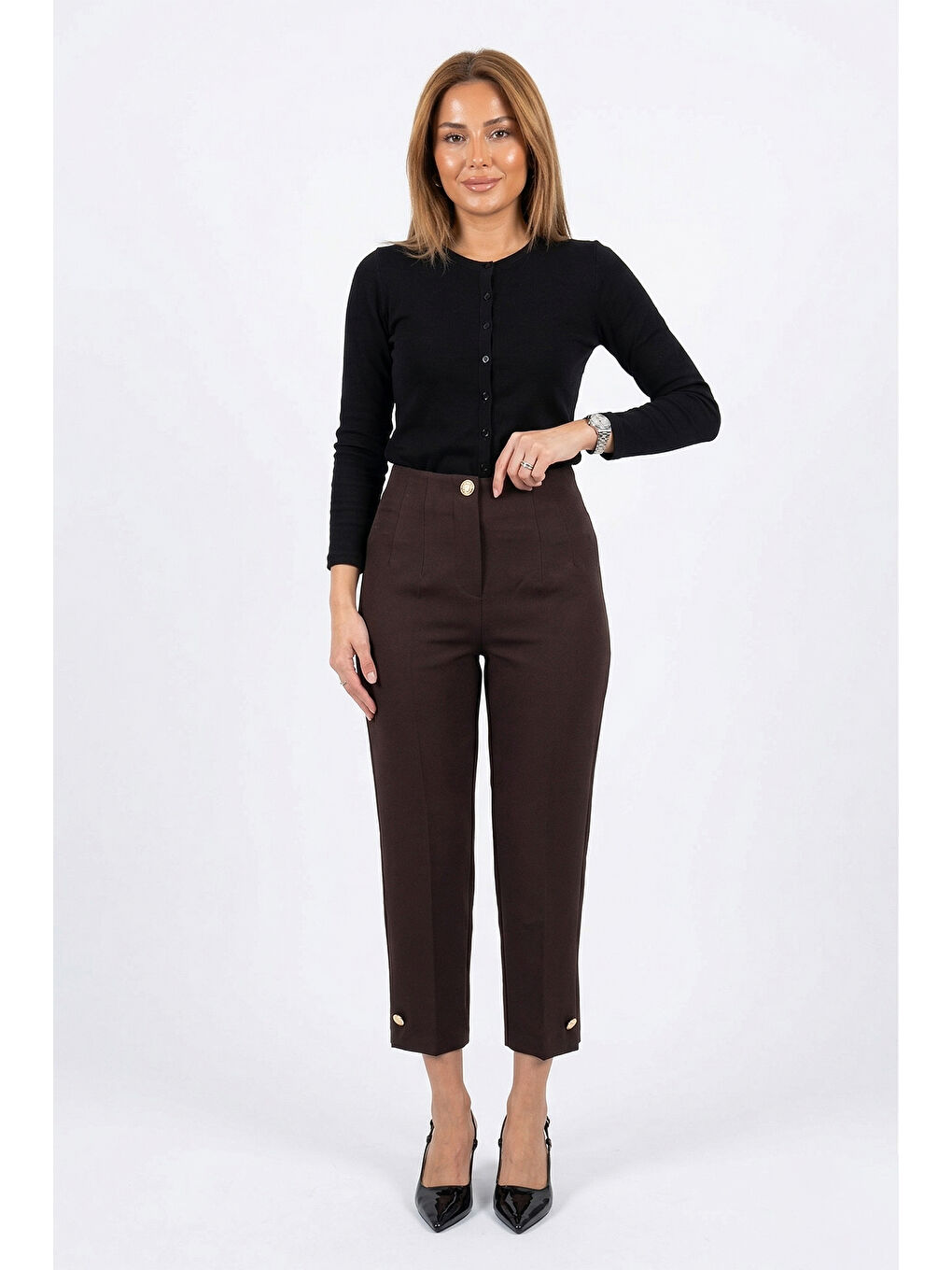 Sentez Paradise Paça Düğme Pensli Pantolon 5566 Acı Kahverengi-4