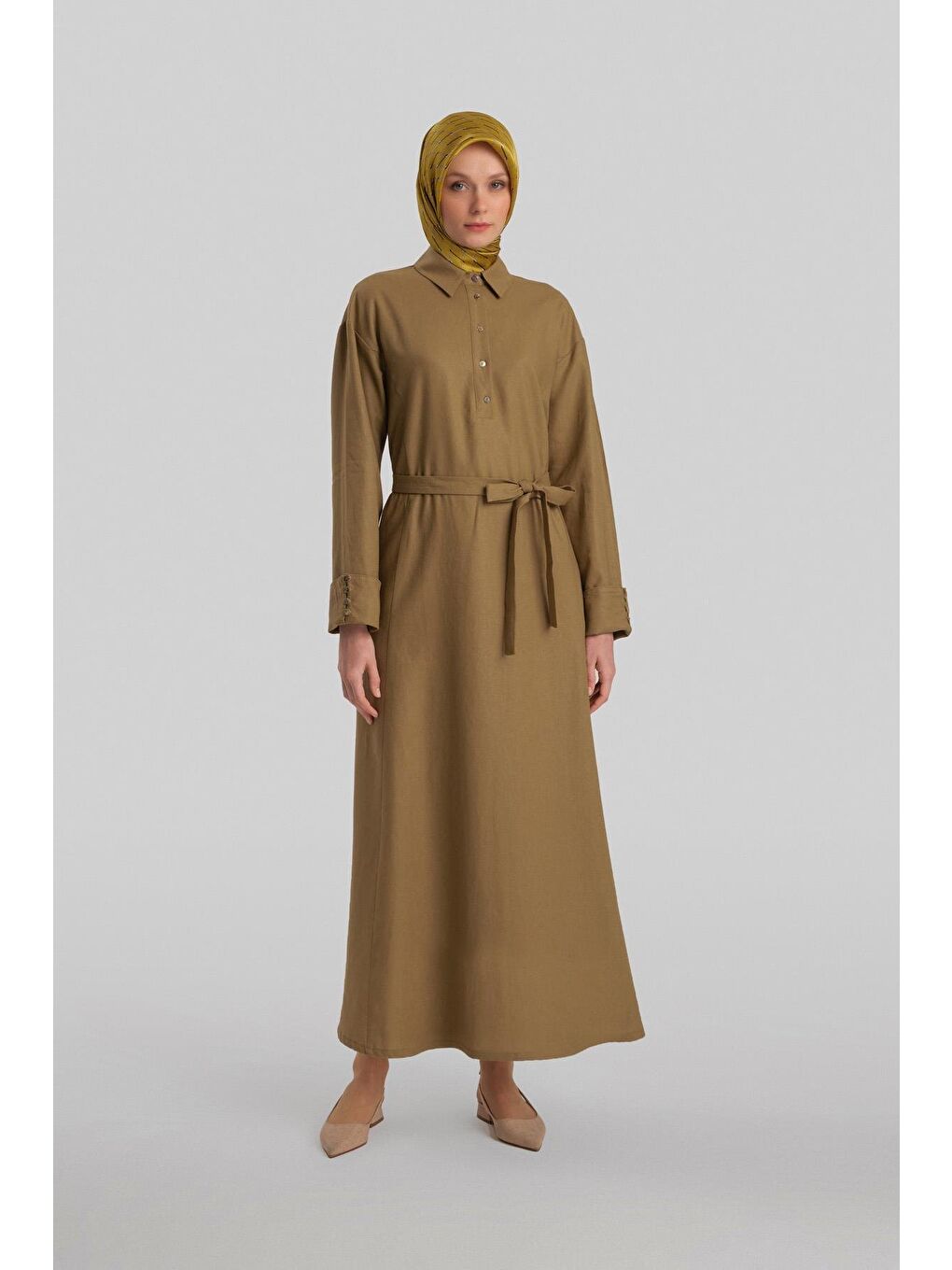 Yeşil Kalın Manşetli Keten Elbise 24Y9830 Zeytin