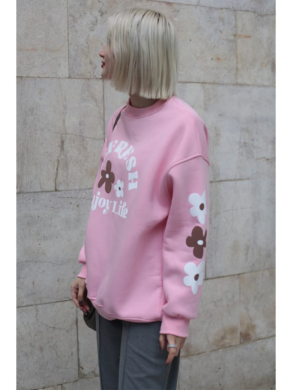 Pembe Bisiklet Yaka Baskılı Sweatshirt Mg1572-3