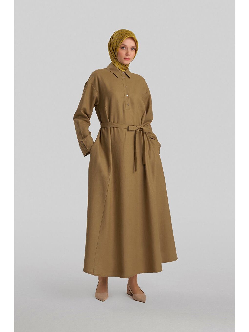 Yeşil Kalın Manşetli Keten Elbise 24Y9830 Zeytin-1