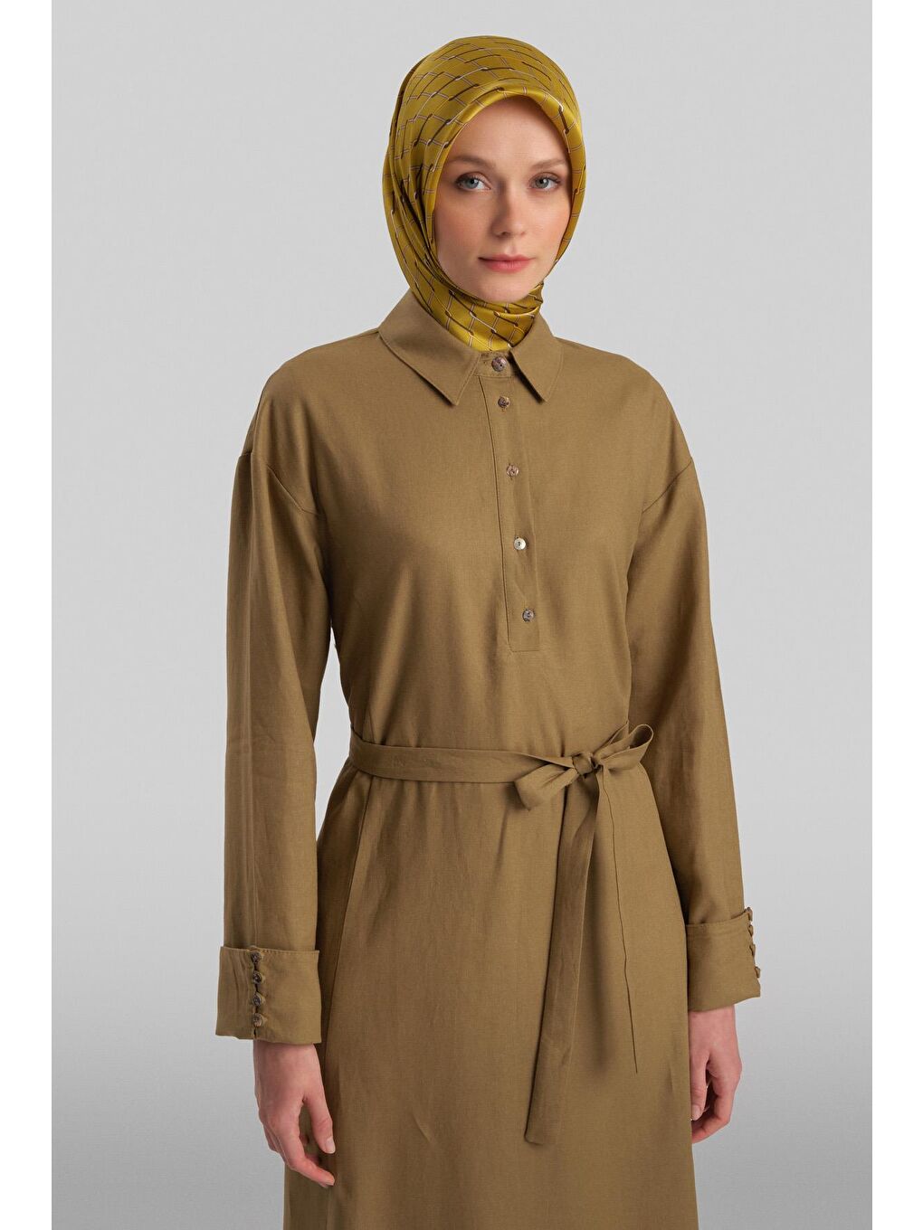 Yeşil Kalın Manşetli Keten Elbise 24Y9830 Zeytin-2