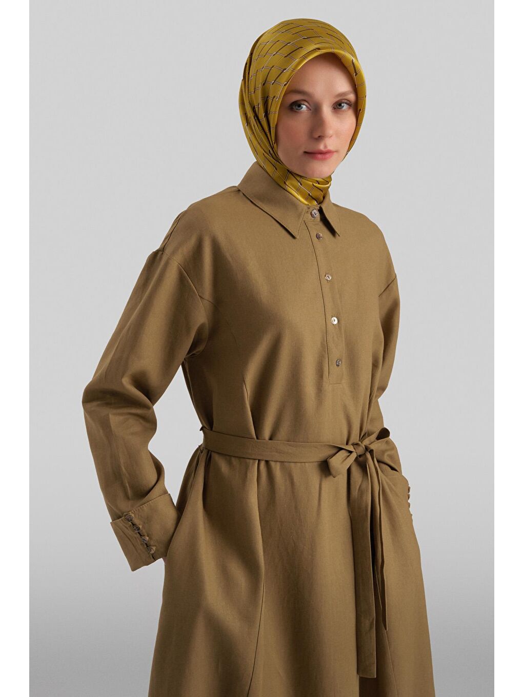 Yeşil Kalın Manşetli Keten Elbise 24Y9830 Zeytin-3