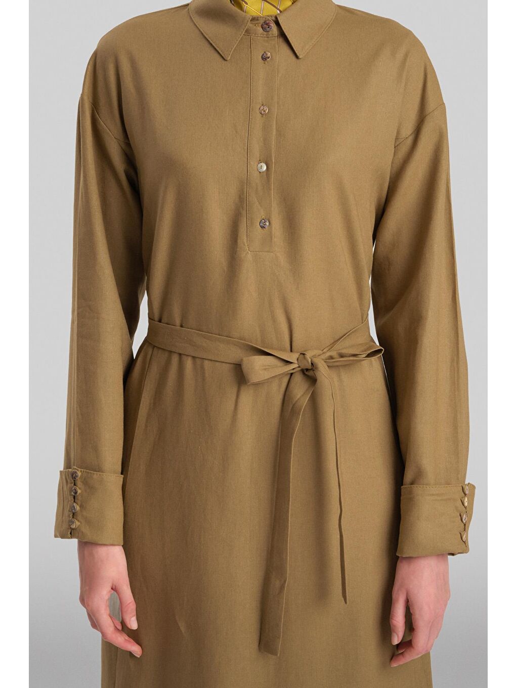 Yeşil Kalın Manşetli Keten Elbise 24Y9830 Zeytin-4