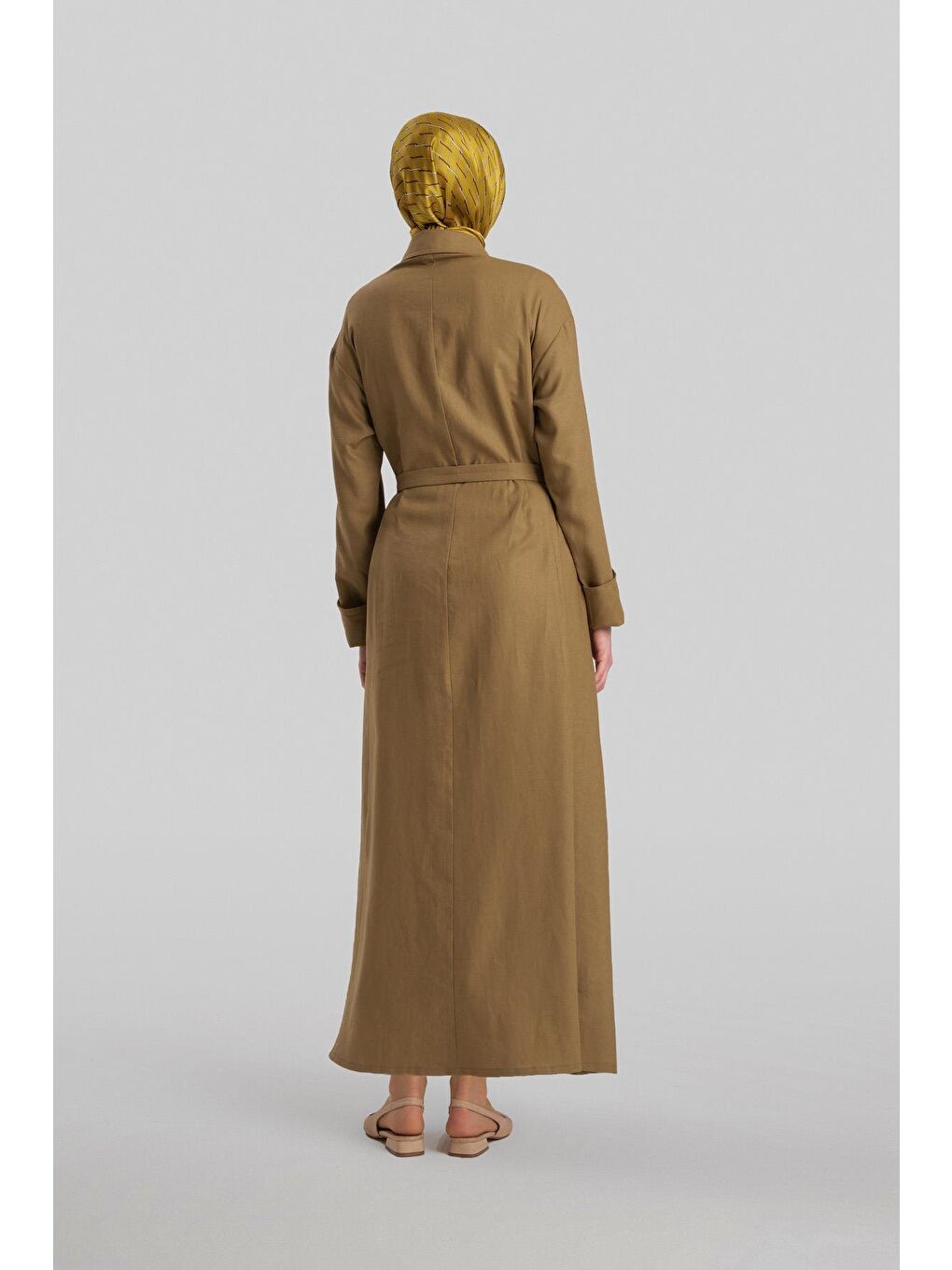 Yeşil Kalın Manşetli Keten Elbise 24Y9830 Zeytin-5