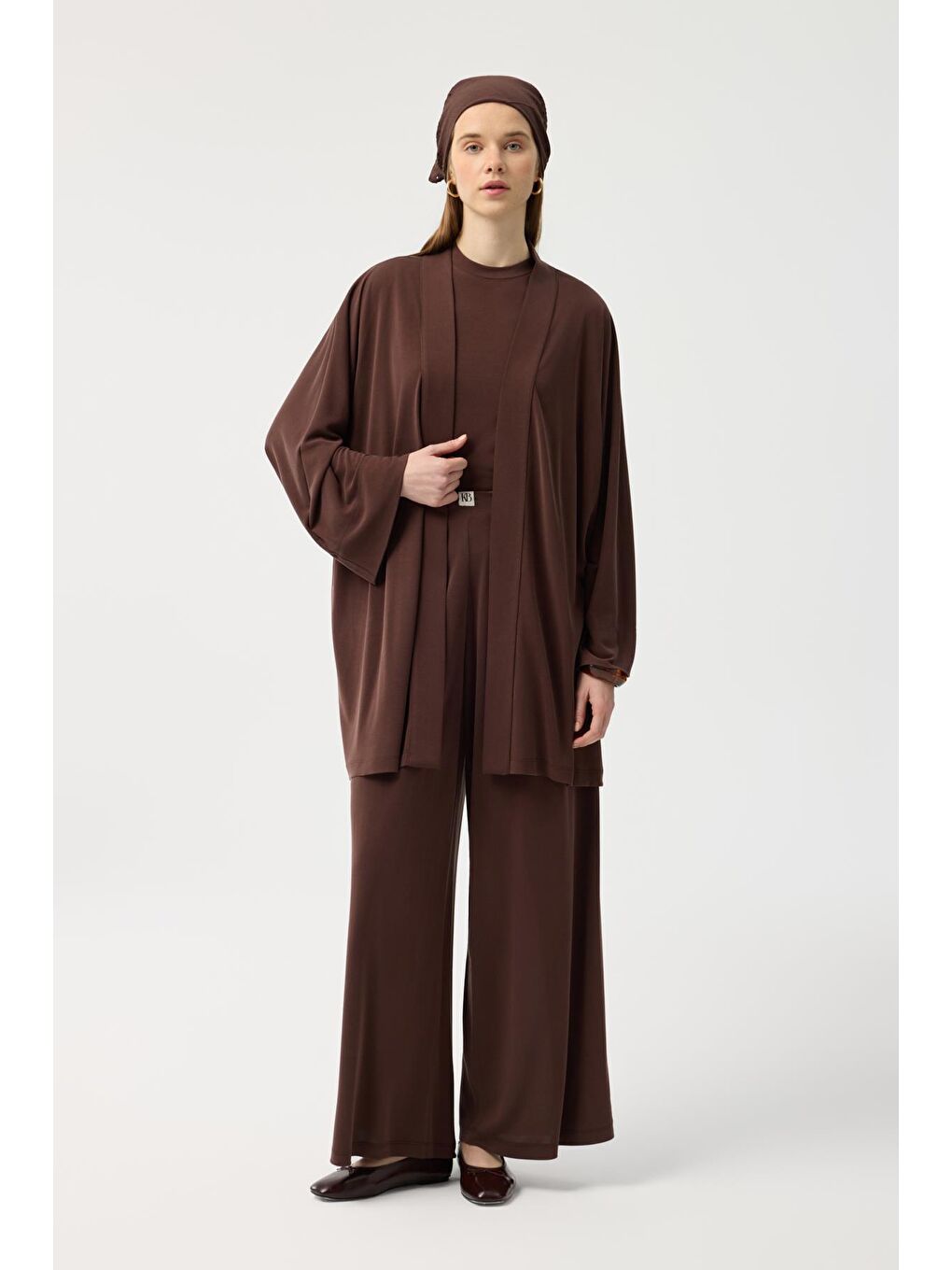 Modal Cupra Geniş Pileli Pantolon Midi Abaya Takım Kahverengi